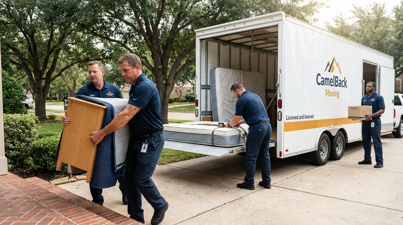 Crew loading residential truck for cross-state move from Panora, IA