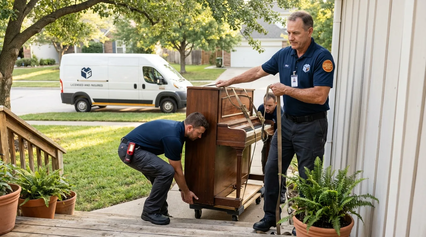 Licensed piano movers securing grand piano in Panora, IA