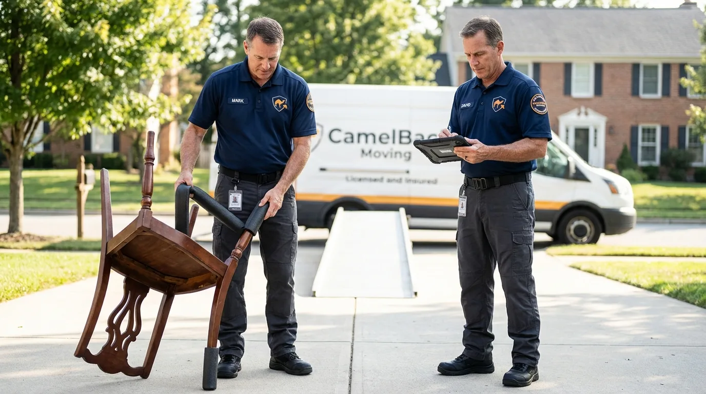 Movers inspecting furniture for damage prevention before loading in Panora, IA