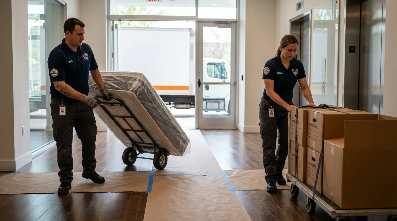 Professional apartment movers loading elevator in Panora, IA